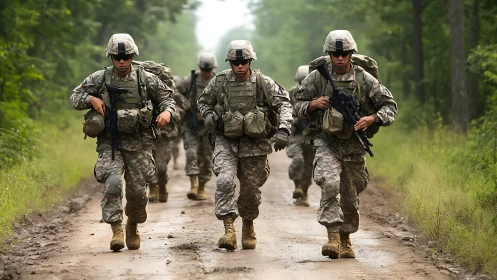 Soldiers conduct tactical march through forest trail.