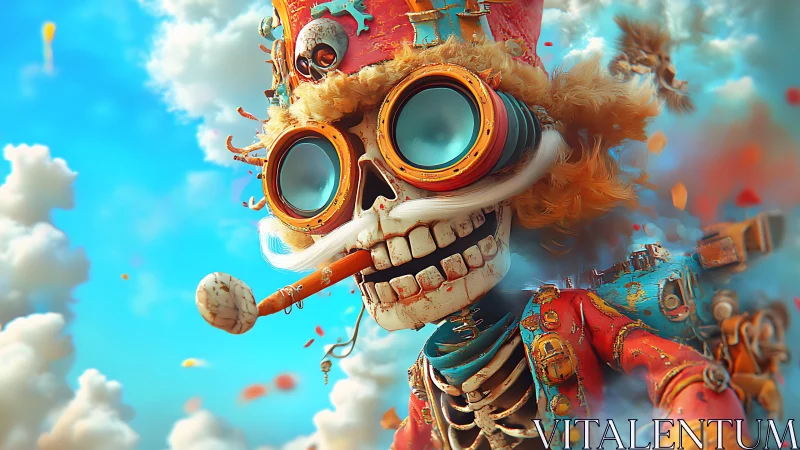 Goggled skeleton figure in ornate attire against sky backdrop.