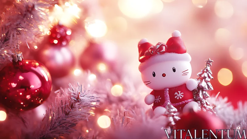 Cute Christmas cat figurine amid bokeh-lit pink ornaments