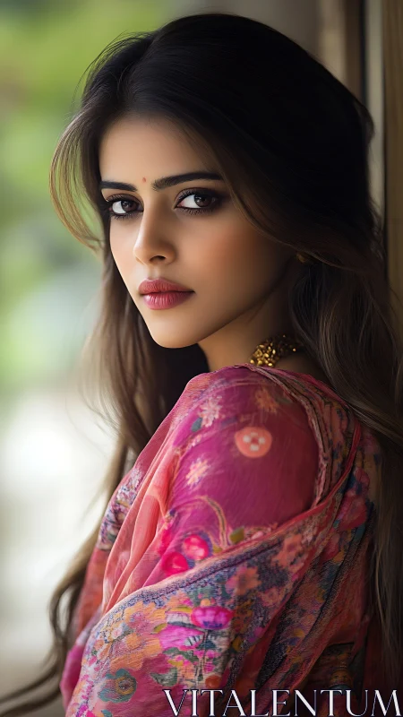 Woman in pink patterned saree looking toward camera