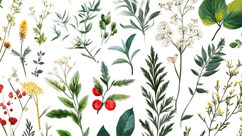 Watercolor botanical sprigs and leaves on white background.