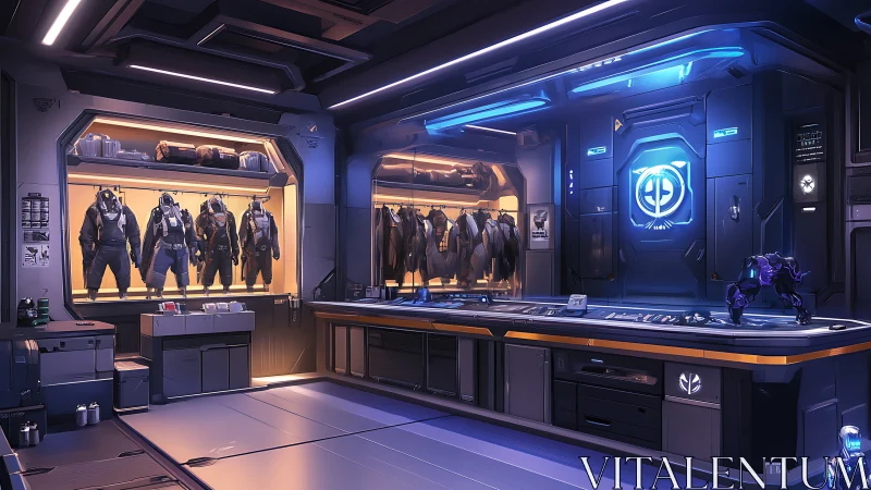 Futuristic sci fi armory showcases advanced combat suits ready