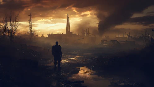 Lone figure walks through industrial post-apocalyptic wasteland