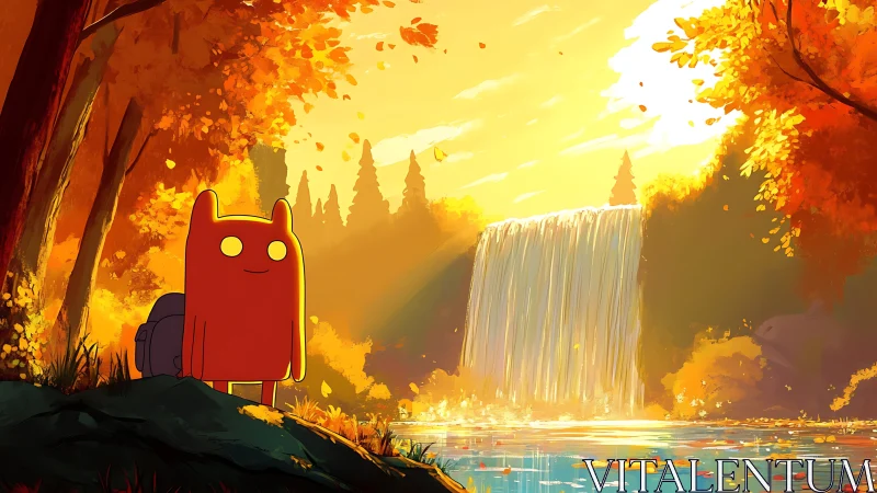 Cartoon explorer admires glowing autumn forest waterfall.