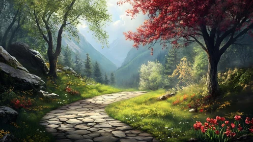 Digital painting of a luminous mountain forest path composition.