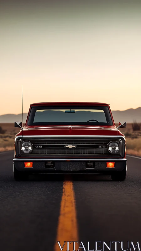 Sunset showdown with a low-slung crimson classic truck.