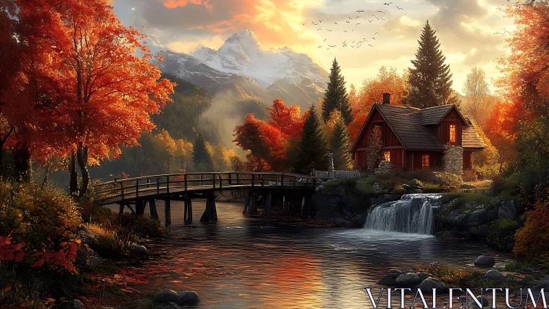Autumnal riverside cabin, bridge, and waterfall panorama scene.