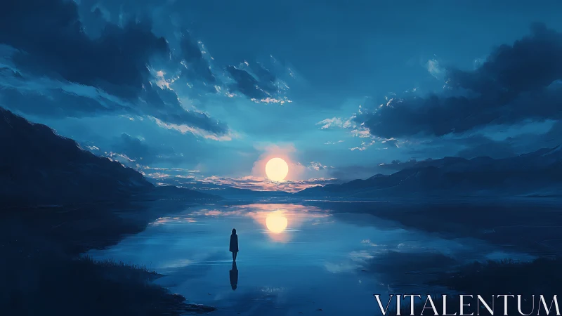 Solitary figure facing luminous moon over mirrored lake.