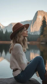 Quiet lakeside pause beneath soft golden mountain light.