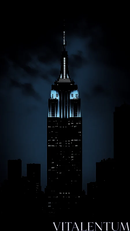 Illuminated skyscraper tower against dark urban skyline at night.