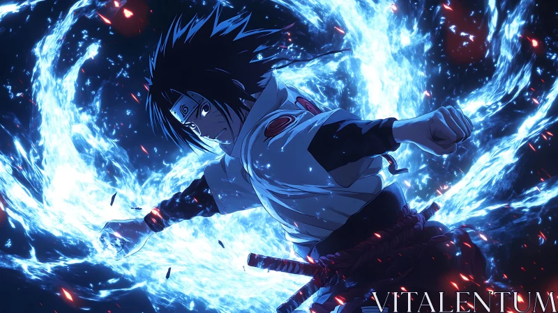 Anime ninja unleashing blue energy in intense combat.