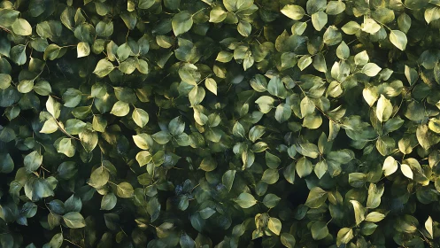 Sunlit green foliage wall with dense overlapping leaves.