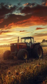 Red tractor cuts stubble beneath blazing harvest sunset.