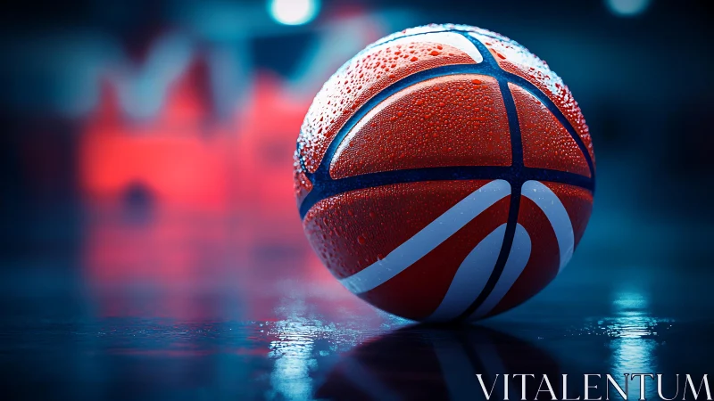 Lone basketball gleams under arena lights on wet court