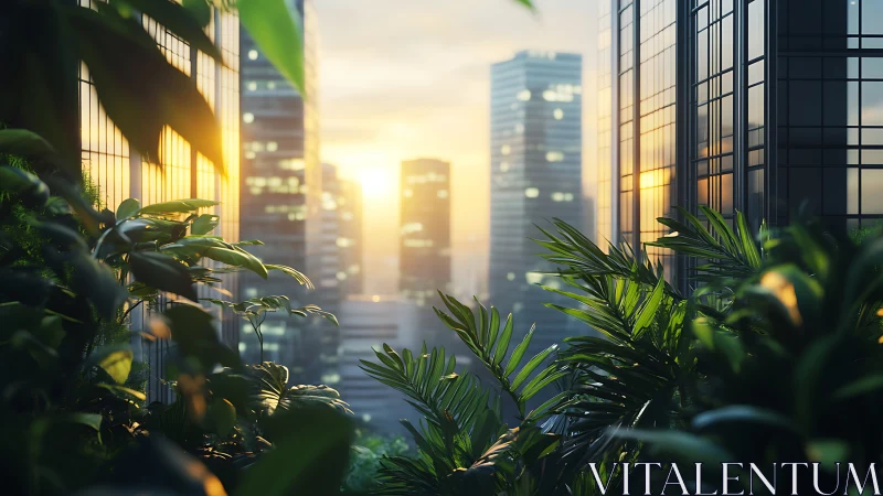 Sunlit rooftop jungle embracing a glassy future skyline.