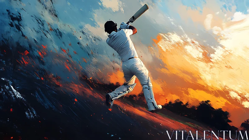 Cricket batter driving against abstract sky at sunset.