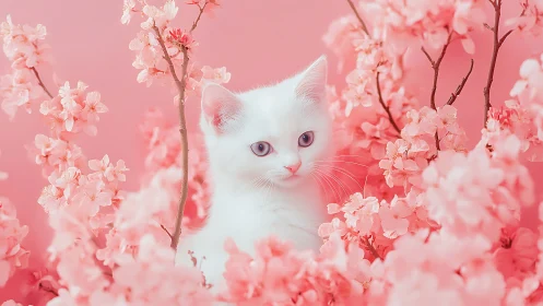 White Cat Among Cherry Blossoms in Soft Pink Palette.