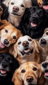 Golden retriever group portrait with tight smiling closeups.