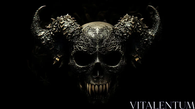 Horned metal skull with ornate engravings on black background.