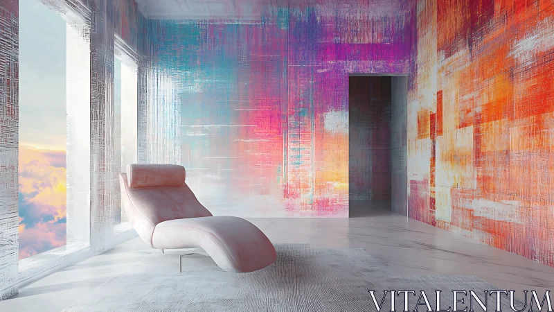 Minimalist chaise lounge in iridescent gradient interior chamber