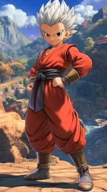 Silver‑spiked warrior kid owning a blazing canyon sunrise.