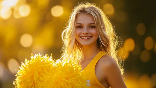 Golden hour cheerleader portrait with bright yellow pom-poms.