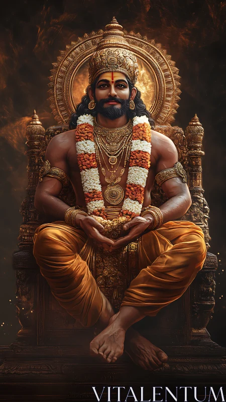 Golden throne sage radiates calm power in sacred glow.