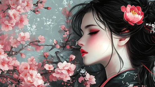 Geisha profile framed by luminous pink cherry blossoms.