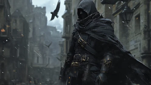 Mysterious cloaked wanderer crossing a stormy stone city.