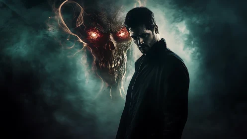 Brooding man against fiery demonic skull in emerald fog.