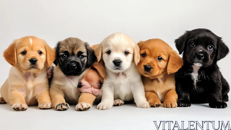 Row of multicolored puppies posed in soft studio lighting.