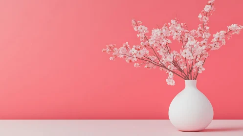 Soft pink blossoms in a white vase on a coral backdrop.