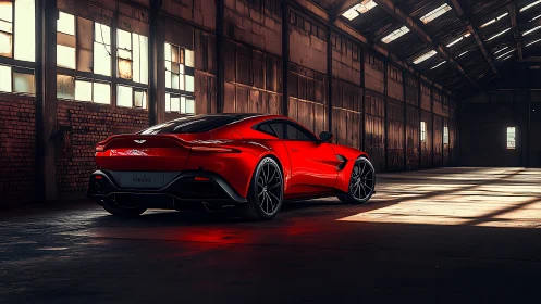 Red performance coupé rendered in photorealistic warehouse light