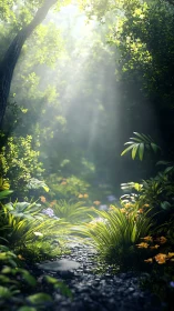 Misty Forest Stream with Golden Sunlight Filtering Through Canopy.