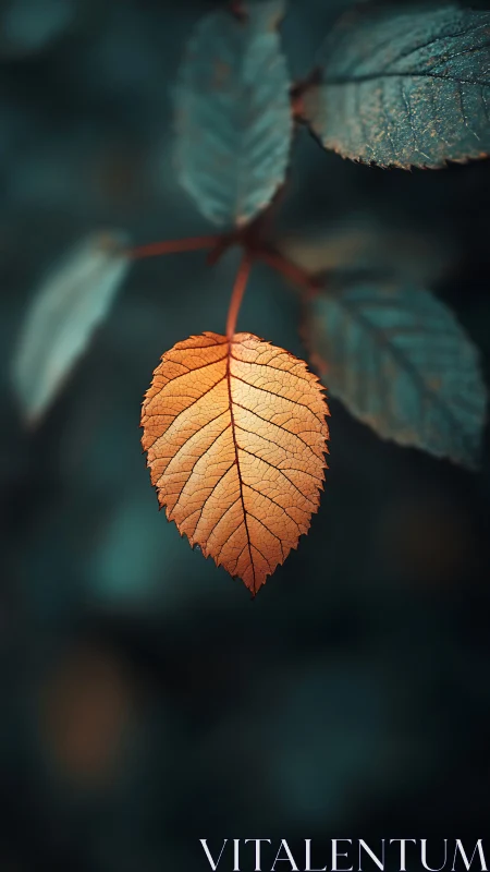 Solitary copper leaf practices quiet rebellion in teal dusk