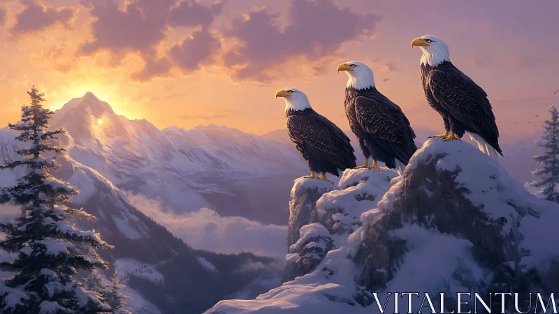 Three Bald Eagles Perched on Snowy Mountain at Sunset, Realistic Art.
