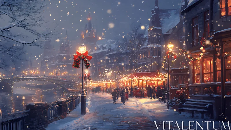 Snowy European street glows with festive winter market lights