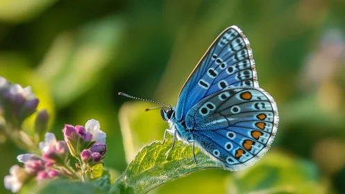 Blue meadow butterfly pausing on sunlit leaf in spring hush.