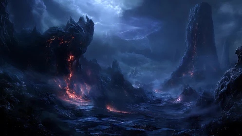 Digital painting of infernal basalt landscape with lava fissures.