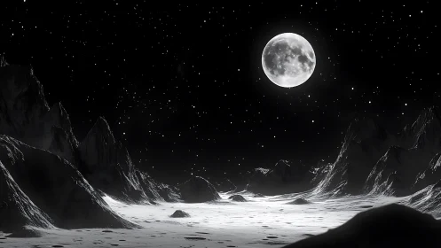 Lunar valley under stark moonlight and high contrast sky