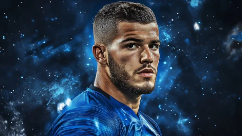 Digital portrait of focused male athlete in blue jersey.