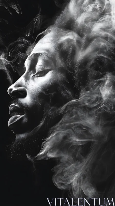 Side profile portrait in smoke against deep black background.