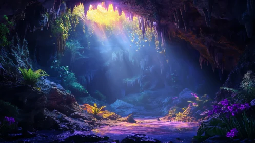 Spectral bioluminescent cavern with volumetric shafts of light.