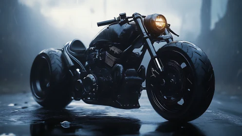 Custom black motorcycle glowing softly in the rainy dusk.