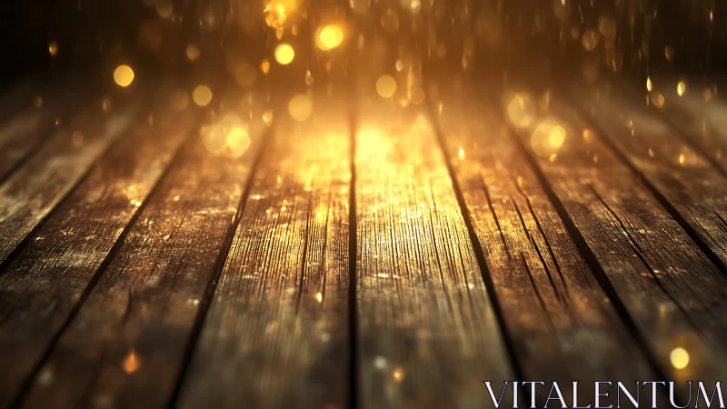 Golden rain sparks over weathered wooden floorboards.