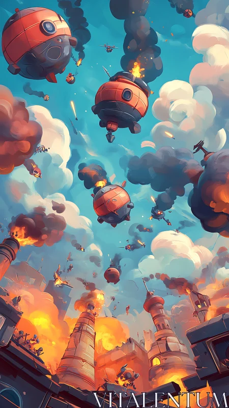 Skyward battle erupts as fiery drone orbs storm a burning city