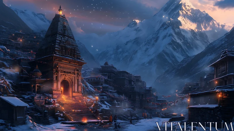 Mountain temple complex in snow-covered valley at dusk.