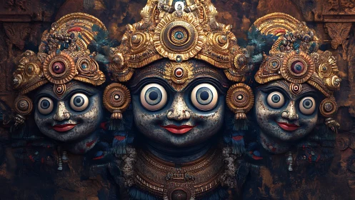 Triad of ornate stylized deity faces with gold headdresses.