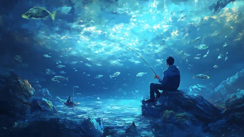 Solitary fisherman under surreal luminous ocean sky.