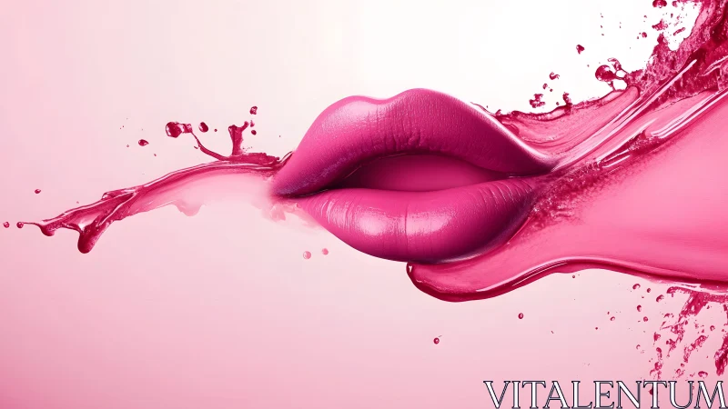 Glossy Pink Lips Surrounded by Splashing Liquid in Digital Art.